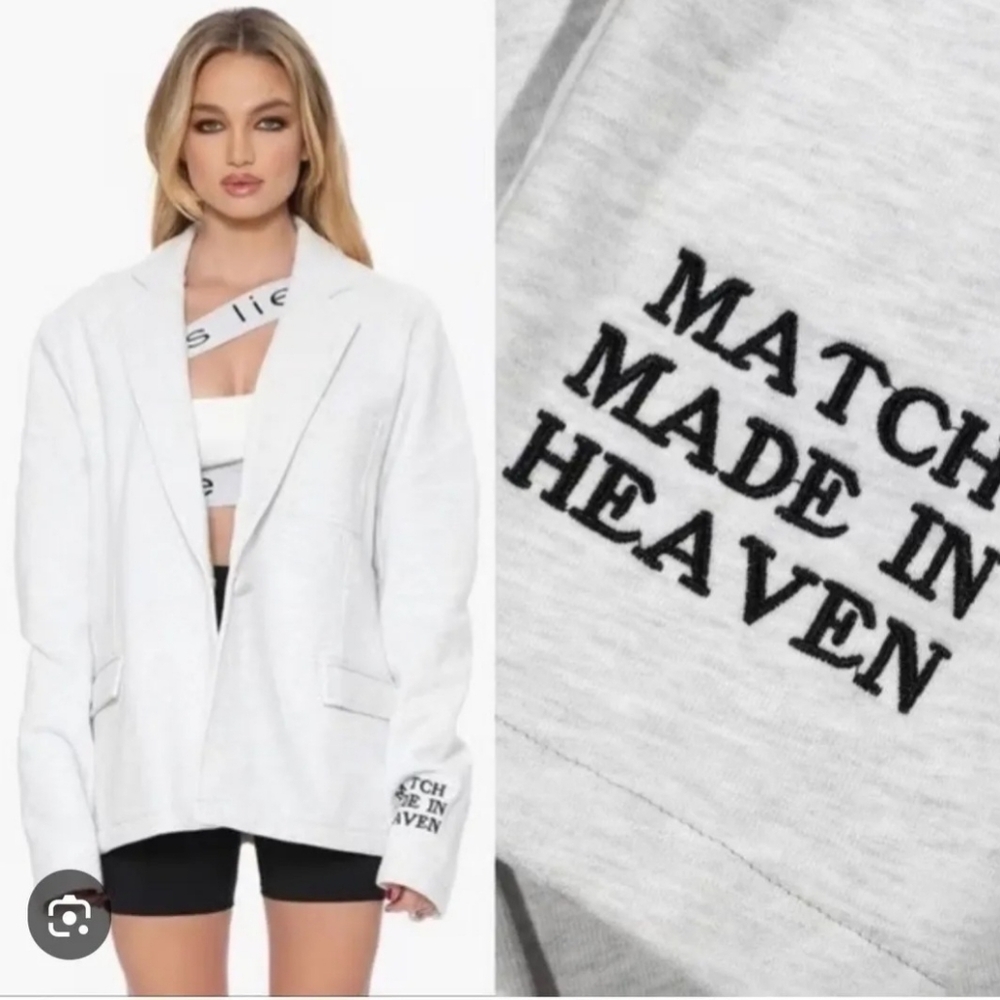 NWOT Boys Lie Heather Gray Blazer with Black Text Embroidery